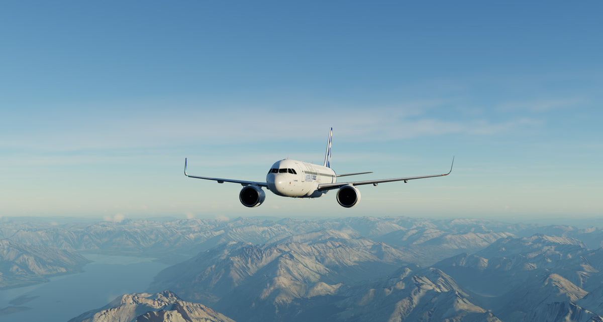 The ToLiss A320neo in Airbus house colours cruising above snow-dusted mountains and a glacial lake in X-Plane 12. Developer promotional screenshot.